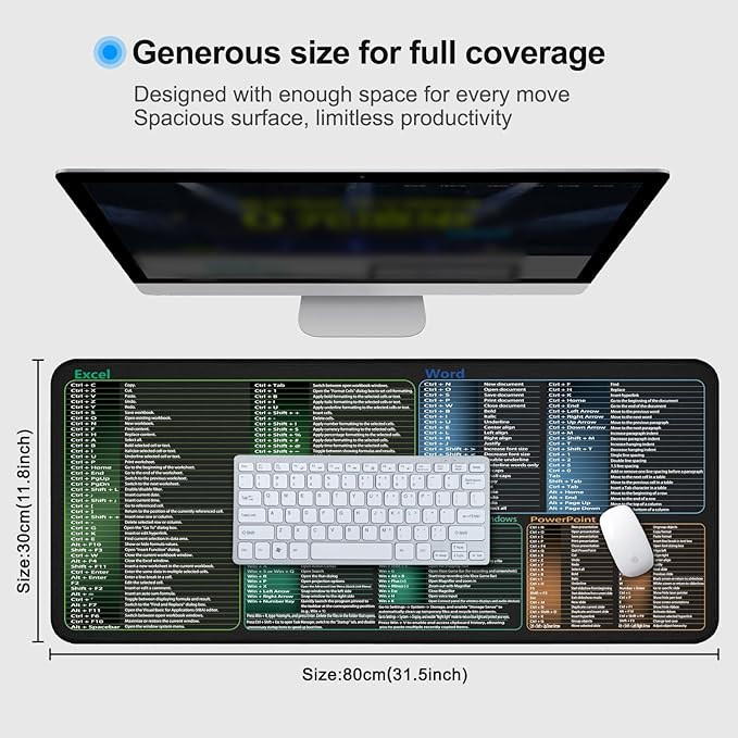 secret corner excel&Word&Windows&powerpoint Cheat Sheet Mousepad,ExtraLarge Office Desk Accessories Desk mat,Office Keyboard Shortcuts Motse pad, Nonslip for Computer Gaming Mouse pad 31.5"x11.8"