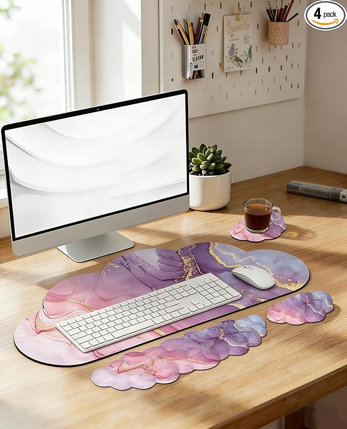 JIKIOU Large Cloud Mouse Pad Waterproof with Cloud Keyboard Wrist Pad and Cloud Mouse Wrist Pad Set, Ergonomic Computer Desk Wrist Support Mousepad for Keyboard and Mouse 35.4x15.7in Marble Pink