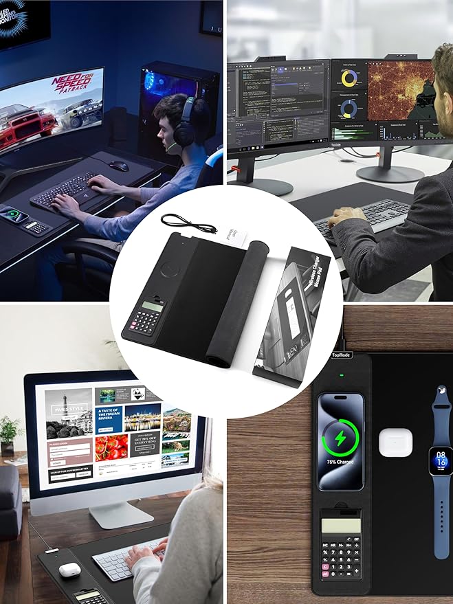 TopMade Mouse Pad with 15W Wireless Charging, Removable 8-Digit Solar Calculator, 31.5" x 15.75" XXL Large Desk Pad, Gaming Computer Keyboard Pad, Waterproof Mousepad Home Office Desk Mat, Black