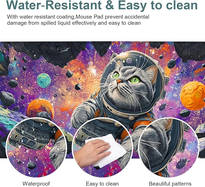Cat Astronaut Extended Gaming Mouse Pad 35.4x15.7Inch Large Desk Mat Anti-Slip Rubber Base & Durable Stitched Edges for Gamers Smooth Mouse Writing Surface for Desk Office/Home