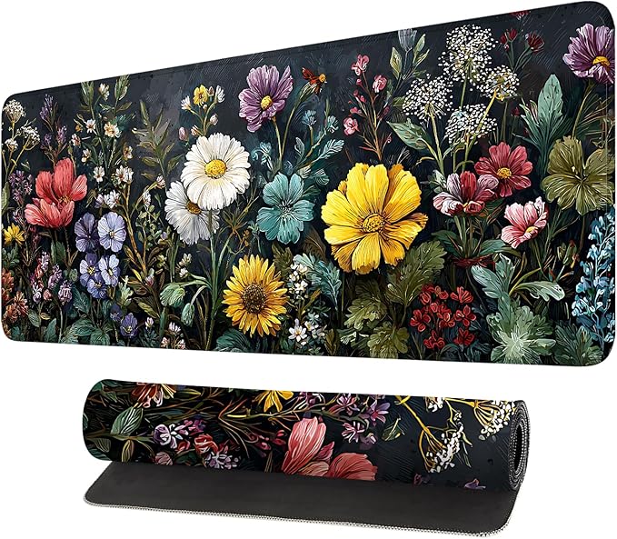 Desk Mat, XXL Extended Gaming Pad for Desktop, 31x12 Inches Vibrant Floral Colorful Flower Bouquet, Large Non-Slip Vegan Leather Surface with Stitched Edges, Keyboard Mouse Mat for Home Office