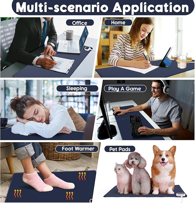 Konohan Heated Desk Pad Warm Mouse Pad, 5 Heating Level & 4 Hour Auto Shut-Off, PU Leather Warm Mouse Mat Heating Keyboard Gaming Mice Warmer Mat Only Supports 110v(Dark Blue Color,31.5" X 13")
