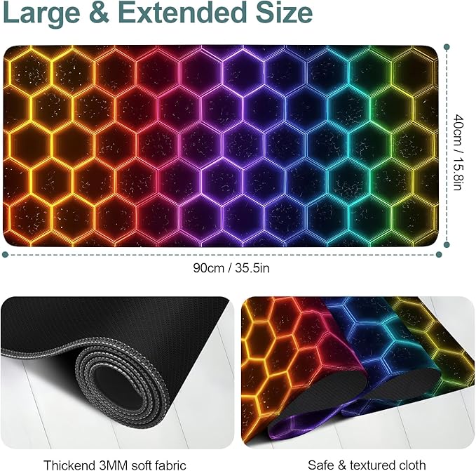 Honeycomb Extended Gaming Mouse Pad 35.4x15.7Inch Large Desk Mat Anti-Slip Rubber Base & Durable Stitched Edges for Gamers Smooth Mouse Writing Surface for Desk Office/Home