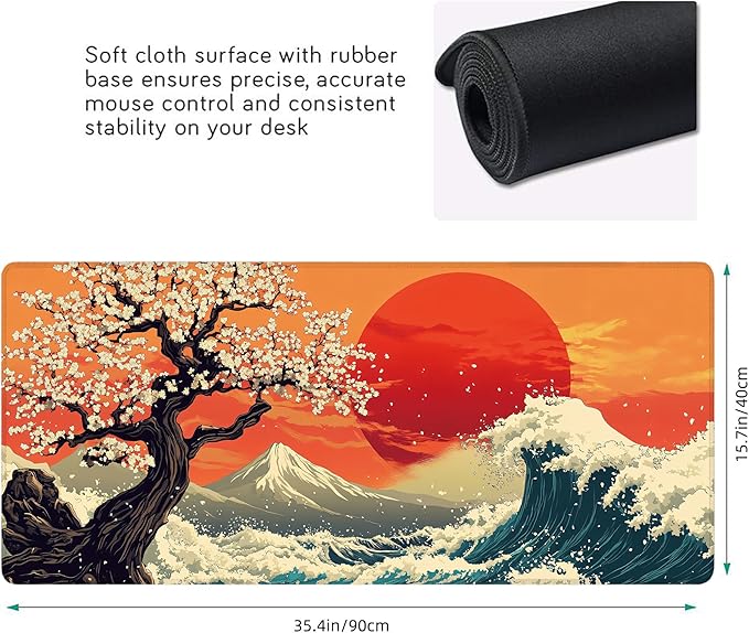 Desk Mat, Japanese Sea Wave XXL 35.4"x15.7"Large Gaming Mouse Pad, 3mm Thick Gaming Keyboard Pad,Desk Pad Non-Slip Rubber Base with Stitched Edges for Office Game Home Decor
