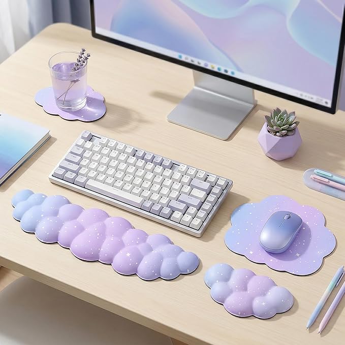 Cloud Mouse Pad Keyboard Wrist Rest for Mouse 4PCS Mini Small Starry Sky Galaxy Desk Mat Pad Set Memory Foam Non-Slip Cute Ergonomic Gaming Mouse Wrist Support for Computer Home Office Purple Blue