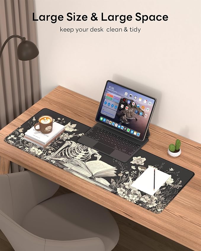Skull Mouse Pad, 31.5 x 11.8 Large Desk Mat with Stitched Edges & Non-Slip Base, Mousepad for Office, Home, Work, White Skull