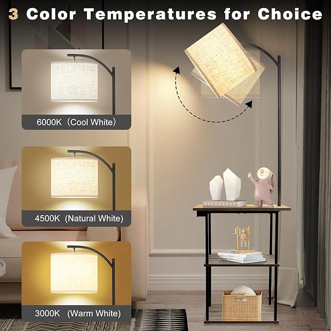 PESRAE Floor Lamp with Tables, End Table with Charging Station(USB & Type-C & AC Port), 3 Color Temperatures 9W LED Bulb, Modern Shelves Side Table for Office, Living Room