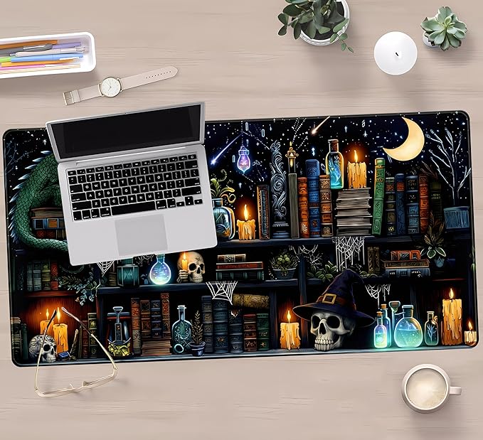Black Desk Mat Gaming Desk Pad Large Mouse Pad, Mysterious Library Mouse Mat XXL Laptop Keyboard Pad, Vintage Gamer Mouse Pad Full Desk Mousepads Cool Office Desk Accessories 31.5"x15.7"