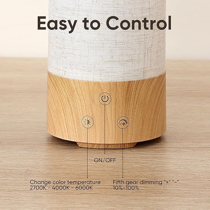 Light Therapy Lamp, Happy Lamp 10,000 LUX UV Free with 3 Color Temperature & 5 Brightness Level, Full Spectrum Light Wood Base Round Flaxen Fabric Shade for Home, Office, 4" × 8.4”