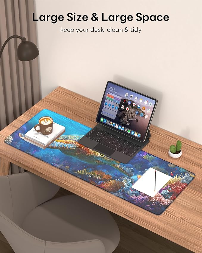Turtle Mouse Pad, 31.5 x 11.8 Large Desk Mat with Stitched Edges & Non-Slip Base, Mousepad for Office, Home, Work, Sea Turtle