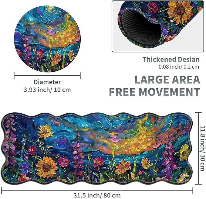 Vibrant Watercolor Flowers Large Gaming Mouse Pad Plus a Coaster, 31.5 x 11.8 inches Desk Mat Extended XL Mousepad with Stitched Edge Non-Slip Rubber, Desk Pad Computer Mouse Mat for Home Office
