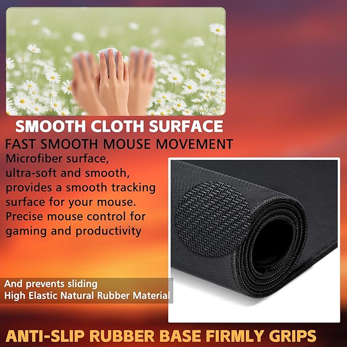 Desk Mat, Green Daisy Flowers Desk Pad, Chamomile Flowers Large Gaming Mouse Pad, 31.5"x15.7" Extended Big Computer Keyboard Mouse Pad with Non-Slip Base and Stitched Edge