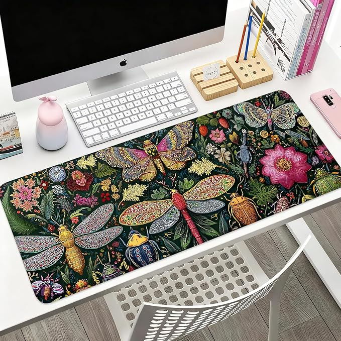 Desk Mat, XXL Extended Gaming Pad for Desktop, 31x12 Inches Butterflies and Dragonflies Garden Scene, Large Non-Slip Vegan Leather Keyboard Mouse Mat for Home Office