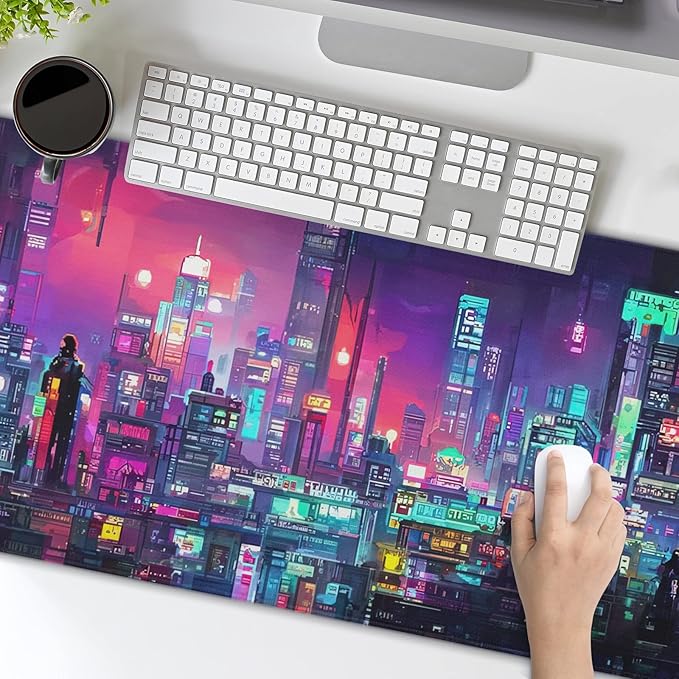 aportt Retro Japanese Anime Gaming Mouse Pad XXL Cool Dark Purple Red Vaporwave City Extended Large Desk Mat Big Mousepad Non-Slip Rubber Base Stitched Edge Long for Computer, 35.4x15.7 in