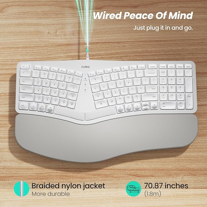 Nulea RT05C Wired Ergonomic Keyboard, Split Keyboard with Cushioned Wrist Rest, Adjustable Tilt Legs, Plug and Play, USB Corded, Compatible with Windows/Mac-White