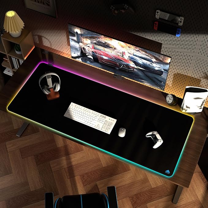 Cacoy 59" x 24" Large RGB Gaming Mouse Pad, LED Desk Pad with 9 Lighting Mode, Extended Desk Matt for Desktop with Non-Slip Base, Glowing LED Light Up Game Computer Accessories and Office Decor, Black