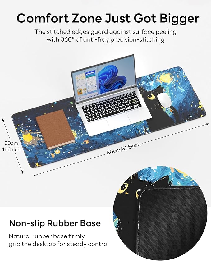 Starry Night Cat Mouse Pad, 31.5 x 11.8 Large Desk Mat with Stitched Edges & Non-Slip Base, Mousepad for Office, Home, Work
