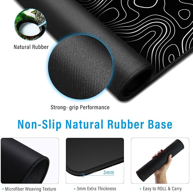 Large Gmaing Mouse Pad with Stitched Edges, Superior Micro-Weave Cloth, Non-Slip Base, Size 35.4 X 15.7X 0.12inches - Black Topographic Contour