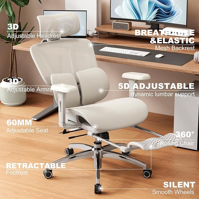 Vonesse Ergonomic Office Chair with Footrest, Desk Chairs with Adjustable 3D Headrest and Armrests, Computer Gaming Chair with Dynamic Lumbar Support & Adjustable Depth Breathable Mesh Seat (White)