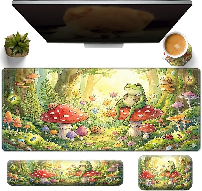 Large Gaming Mouse Pad + Memory Foam Ergonomic Keyboard Wrist Rest Support + Wrist Rest + Coaster, Green Desk Decor Mat, Stitched Edge Non Slip Desk Mat 4PC for Office & Home, Cute Frog Kawaii
