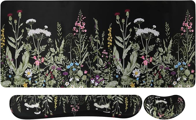 iCasso Large Mouse Pad for Desk, Computer Desk Mat, 3Pcs XXL Keyboard and Mouse Pad + Keyboard Wrist Rest, Desk Matt for Desktop, Easy Typing & Comfort Ultra Thick Mousepad Keyboard Mat (Weeds)