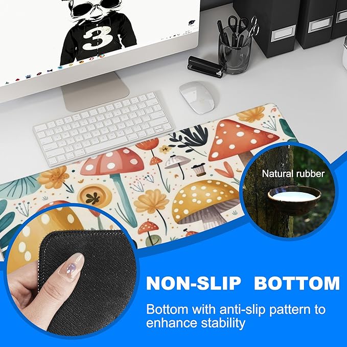 Desk Pad, Hand Drawn Charming Mushroom and Leaves Extended Gaming Mouse Pad Large, 35.4"x15.7" Big Mouse Pad with Non-Slip Base and Stitched Edge, Long Computer Keyboard Mouse Mat for Home Office Work