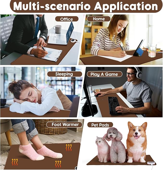 Konohan Heated Desk Pad Warm Mouse Pad, 5 Heating Level & 4 Hour Auto Shut-Off, PU Leather Warm Mouse Mat Heating Keyboard Gaming Mice Warmer Mat Only Supports 110v(Brown Color,31.5" X 13")