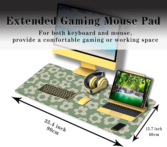 Keyboard Mouse Pad Green, Office Big Desk Pads Desk Decor for Girls Gaming Mouse Pads, Long Gaming Mouse Pad Non-Slip Rubber Base, 35.4 X 15.7 inch for Work/Game/Office/Home Vintage Flowers