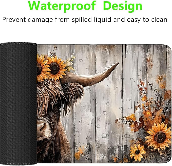 Cute Highland Cow Desk Pad Mouse Pad Watercolor Painting Sunflowers Wooden Large Gaming Mouse Mat with Stitched Edges,Non-Slip Waterproof Rubber Base Mous Mat Office Computer Keyboard Laptop Home