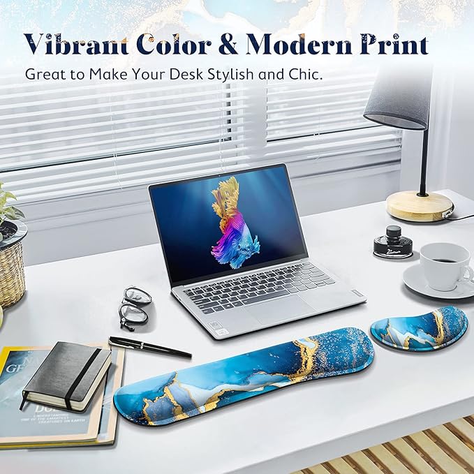 Gimars Upgrade Enlarge Gel Memory Foam Set Keyboard Wrist Rest Pad, Mouse Wrist Cushion Support for Office, Computer, Laptop, Mac, Comfortable, Lightweight for Easy Typing, Blue Gloden