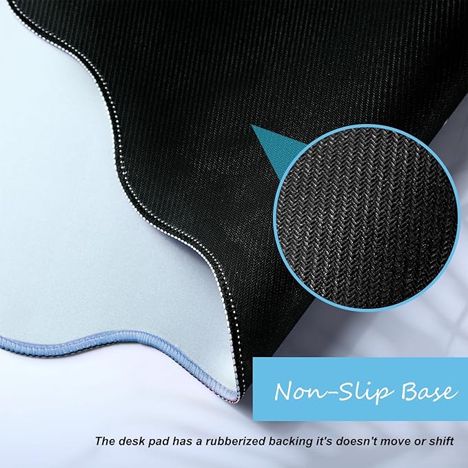 Scalloped Desk Mat Large Scalloped Piping Cute Desk Mat Aesthetic Preppy Table Pad Large Nonslip Pad with Edge Stitching Waterproof Gaming(Blue,23.62 x 13.78 Inches)