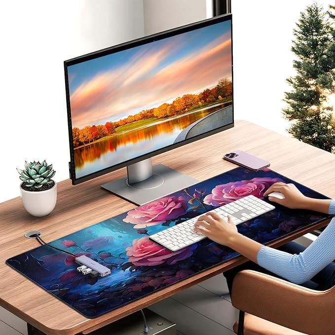 Extended Mouse Pad, Pink Roses Floral Design, 35.4 x 15.7 Inches, Microfiber Cloth Surface with Non-Slip Rubber Base, Rectangular Gaming Desk Mat