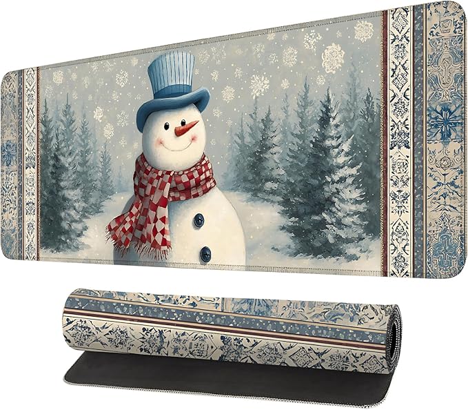 Desk Mat, XXL Extended Gaming Pad for Desktop, 35x16 Inches Winter Snowman in Snowy Forest, Large Non-Slip Vegan Leather Surface with Stitched Edges, Keyboard Mouse Mat for Home Office