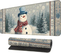 Desk Mat, XXL Extended Gaming Pad for Desktop, 35x16 Inches Winter Snowman in Snowy Forest, Large Non-Slip Vegan Leather Surface with Stitched Edges, Keyboard Mouse Mat for Home Office