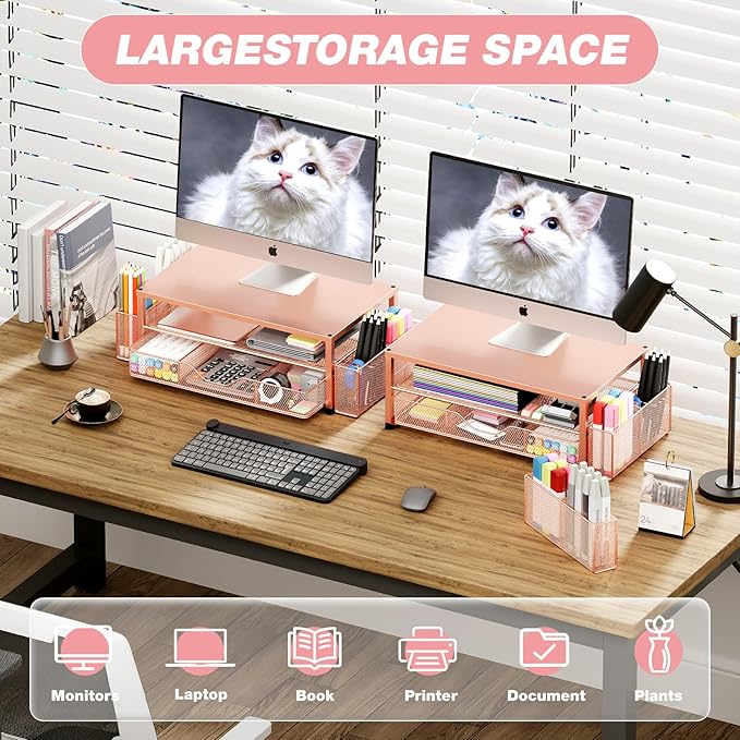 OPNICE 2-Tier Monitor Stand Riser – Rose Gold