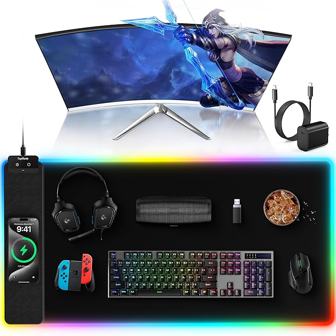 TopMade Mouse Pad with Wireless Charging, 31.5" x 15.75" Large Desk Mat RGB Gaming Mousepad, LED Desk Pad Keyboard Pad, Waterproof Desk Pad (Includes 20W PD Power Adapter & 6.56ft Woven Cable)