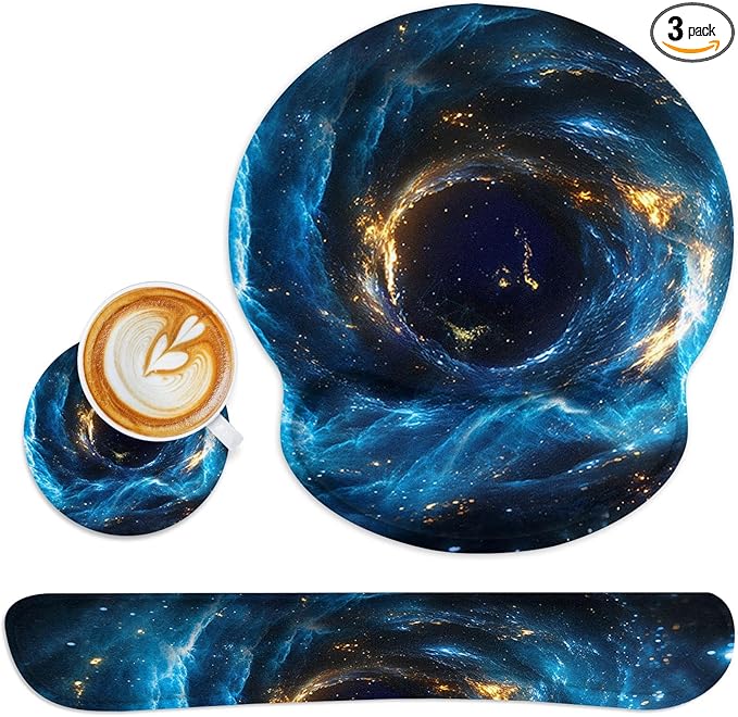 Britimes Blue Black Galaxy Space Ergonomic Mouse Pad Set with Wrist Rest Non-Slip Rubber Base Wrist Cushion Support and Coasters Mousepad with Wrist Support for Computer Keyboard and Desk