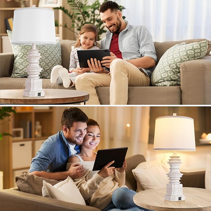 QiMH Table Lamps for Nightstand Set of 2, Bedside Lamp with Dual USB Charging Ports, Farmhouse Decor Table Lamps with White Linen Lampshade for Living Room, Bedroom Lamps with LED Bulbs, White