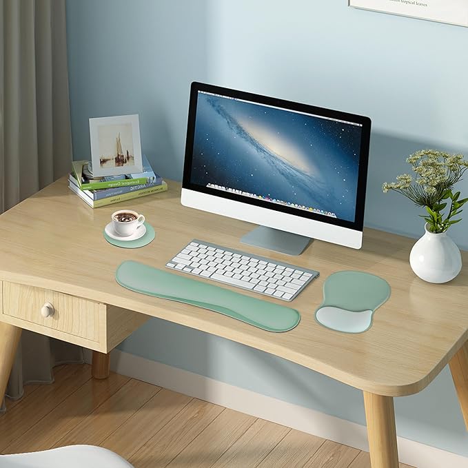 Wrist Rest Support for Mouse Pad Keyboard Set Circle Coaster Gaming Mouse Pad Ergonomic Gel Memory Foam Set for Computer, Laptop, Office, Comfortably Typing Pure Green KM-34