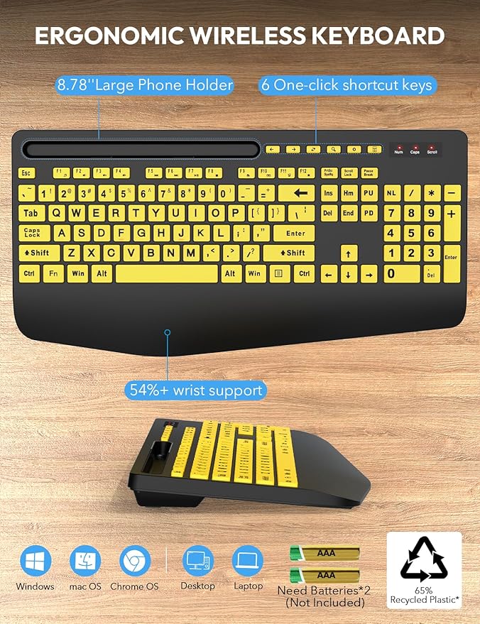 SABLUTE Wireless Keyboard and Mouse, Wrist Rest, Large Print, Phone Holder, 2.4G Ergonomic Keyboards Mouse Combo, KM23D Silent High Contrast Set for Low Vision and the Elderly, Battery Powered