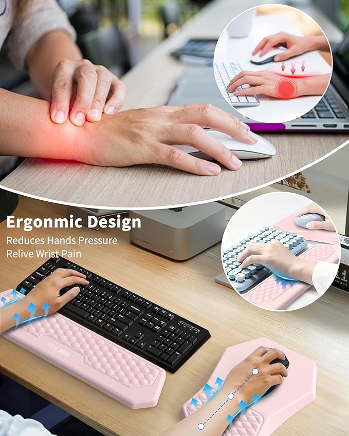 Ergonomic Mouse Pad and Keyboard Wrist Rest Support Set, Massage Design Mousepad for Carpal Tunnel, Memory Foam, Non-Slip PU Base for Computer Desk, Pink