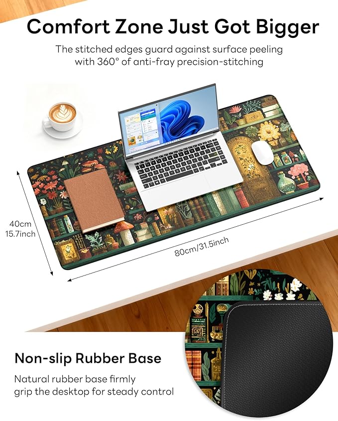 XL Gaming Mouse Pad, 31.5x15.7'' Large Desk Mat with Anti-Slip Rubber Base & Stitched Edges for Gaming, Office, Home, Boho Bookshelf