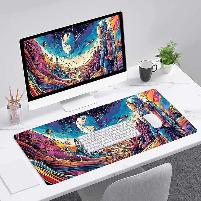 Space Planet Desk Mat Astronaut Spaceship Cosmic Large Gaming Mouse Mat with Stitched Edges,Non-Slip Waterproof Rubber Base Mous Mat 31.5"x11.8" Office Computer Keyboard Laptop Home