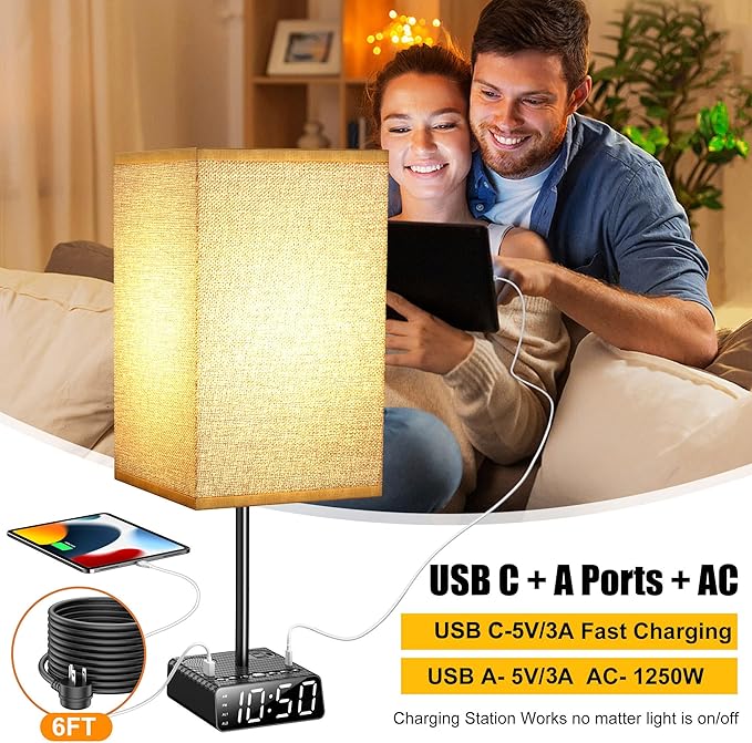 Touch Control Nightstand Light,Bedside Lamp with Alarm Clock&Charging Station - 2 Alarm Clock+ 2AC + 1USB-A + 1USB-C,Lamps with USB Ports and Outlets,3-Level Dimmable Touch Lamp