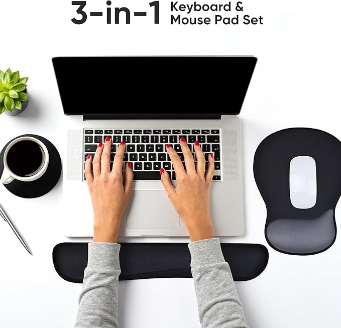 Wrist Rest Support for Mouse Pad Keyboard Set Circle Coaster Gaming Mouse Pad Ergonomic Gel Memory Foam Set for Computer, Laptop, Office, Comfortably Typing Black KM-33