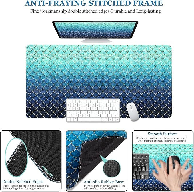 Desk Mat, Desk Matt for Desktop, DeskPad Mat, XXL Large Mouse Pad for Desks, Anti-Slip Big Mousepad with Stitched Edges, Keyboard Mouse Mat for Computer, Work, Office, Game, Home, Blue Mermaid
