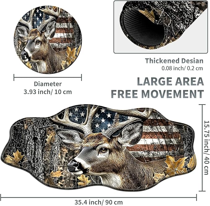Camo Flag Deer Large Gaming Mouse Pad Plus a Coaster, 35.4 x 15.7 inches Desk Mat Extended XXL Mousepad with Stitched Edge Non-Slip Rubber, Desk Pad Computer Mouse Mat for Home Office