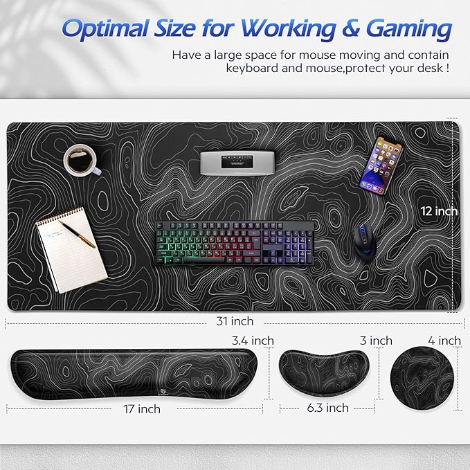 Gimars 4 in 1 Mouse Pad and Keyboard Wrist Rest Set, Large Mouse Pad with Memory Foam Wrist Support Pad for Desk with Coaster, Easy Typing, Gaming Office Home 31.5x12 in, Topographic Map