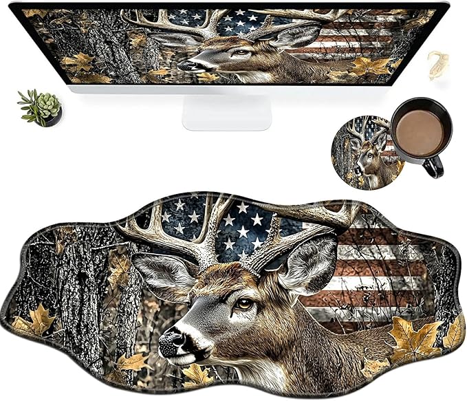 Camo Flag Deer Large Gaming Mouse Pad Plus a Coaster, 35.4 x 15.7 inches Desk Mat Extended XXL Mousepad with Stitched Edge Non-Slip Rubber, Desk Pad Computer Mouse Mat for Home Office