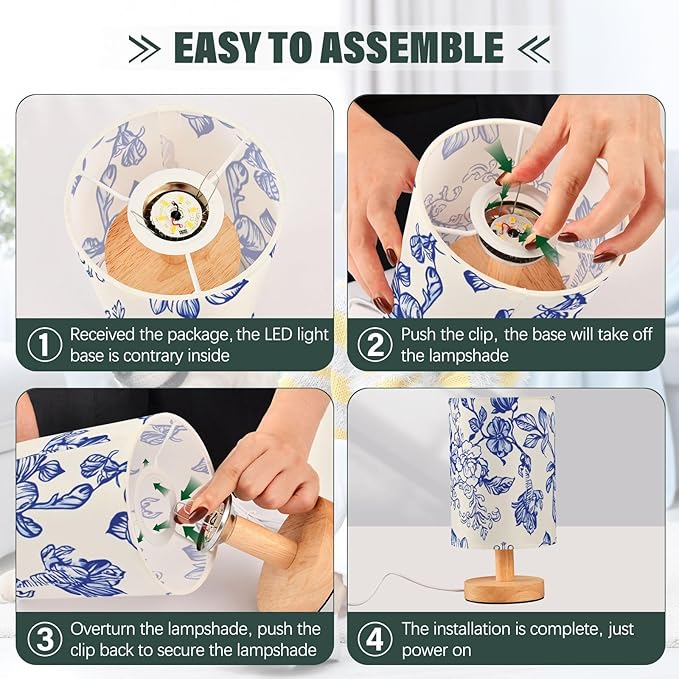 Flower LED Table Lamp, Bedside Lamp with Linen Lampshade, Flicker-Free Eye Care USB Plug in Nightstand Lamp, for Bedroom and Office